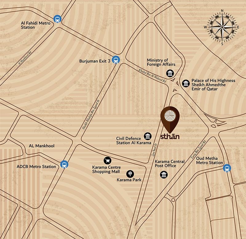 Map showing Sthan on Zabeel Road, Al Karama, Dubai